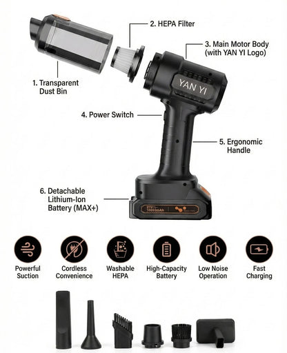 YAN YI Wireless Car Vacuum Cleaner – High-Power Handheld Cordless Vacuum with 6-Piece Attachment Kit, Lithium-Ion Battery