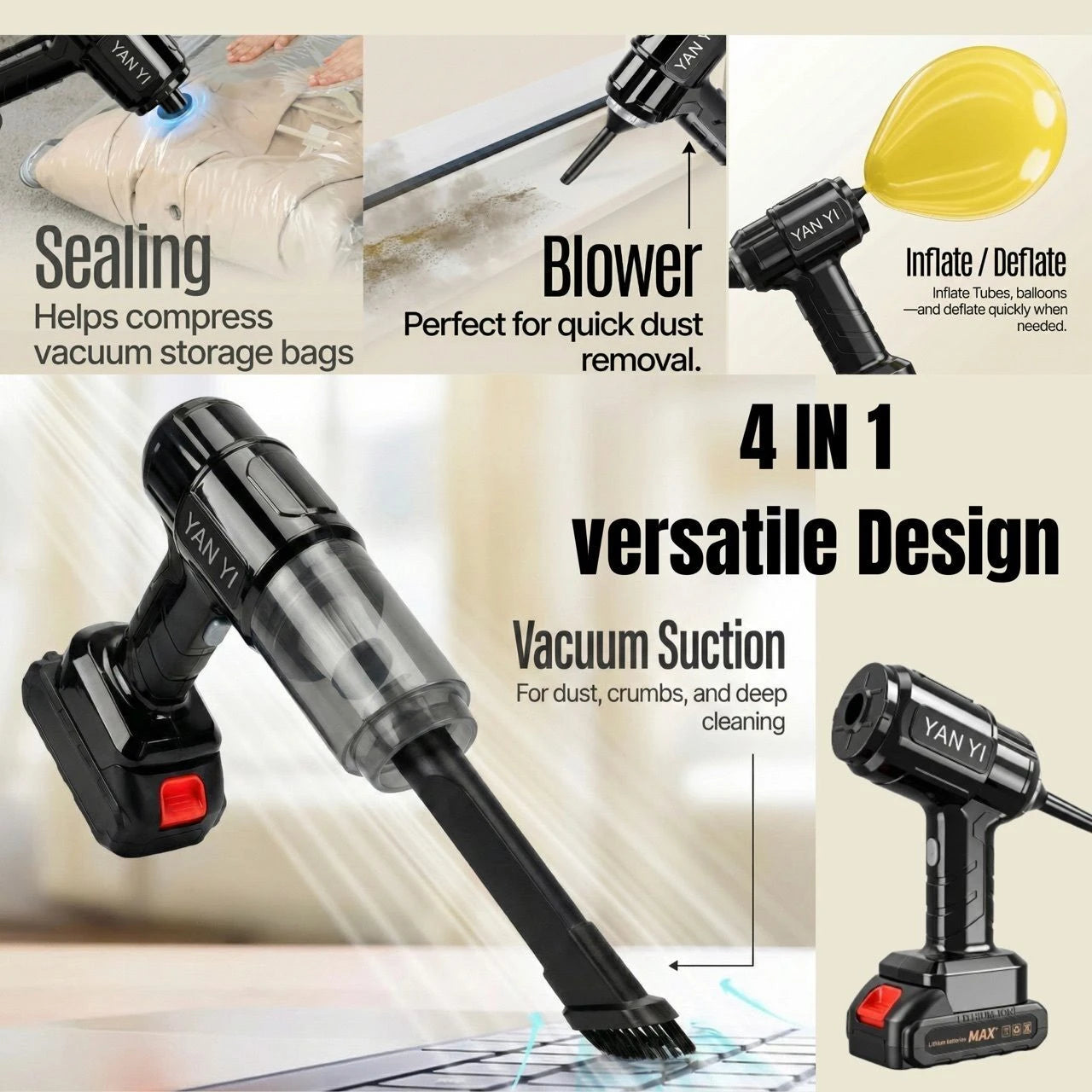 YAN YI Wireless Car Vacuum Cleaner – High-Power Handheld Cordless Vacuum with 6-Piece Attachment Kit, Lithium-Ion Battery